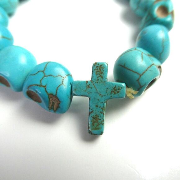 Skull Holy Cross Faith Death Life Faux Turquoise Round Karma Beaded Bracelet - Picture 2 of 5